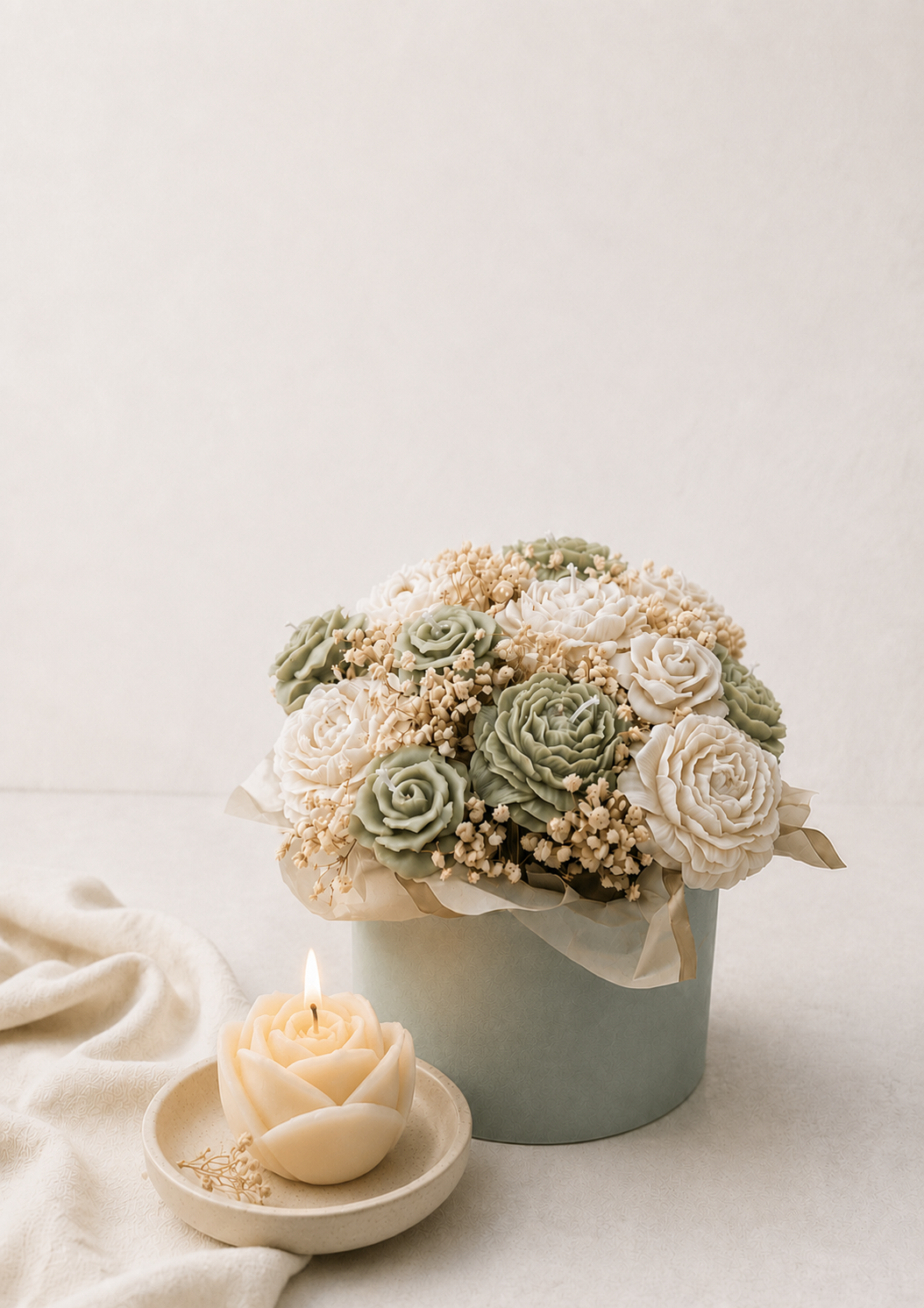Handcrafted wax flower bouquet with lit rose candle