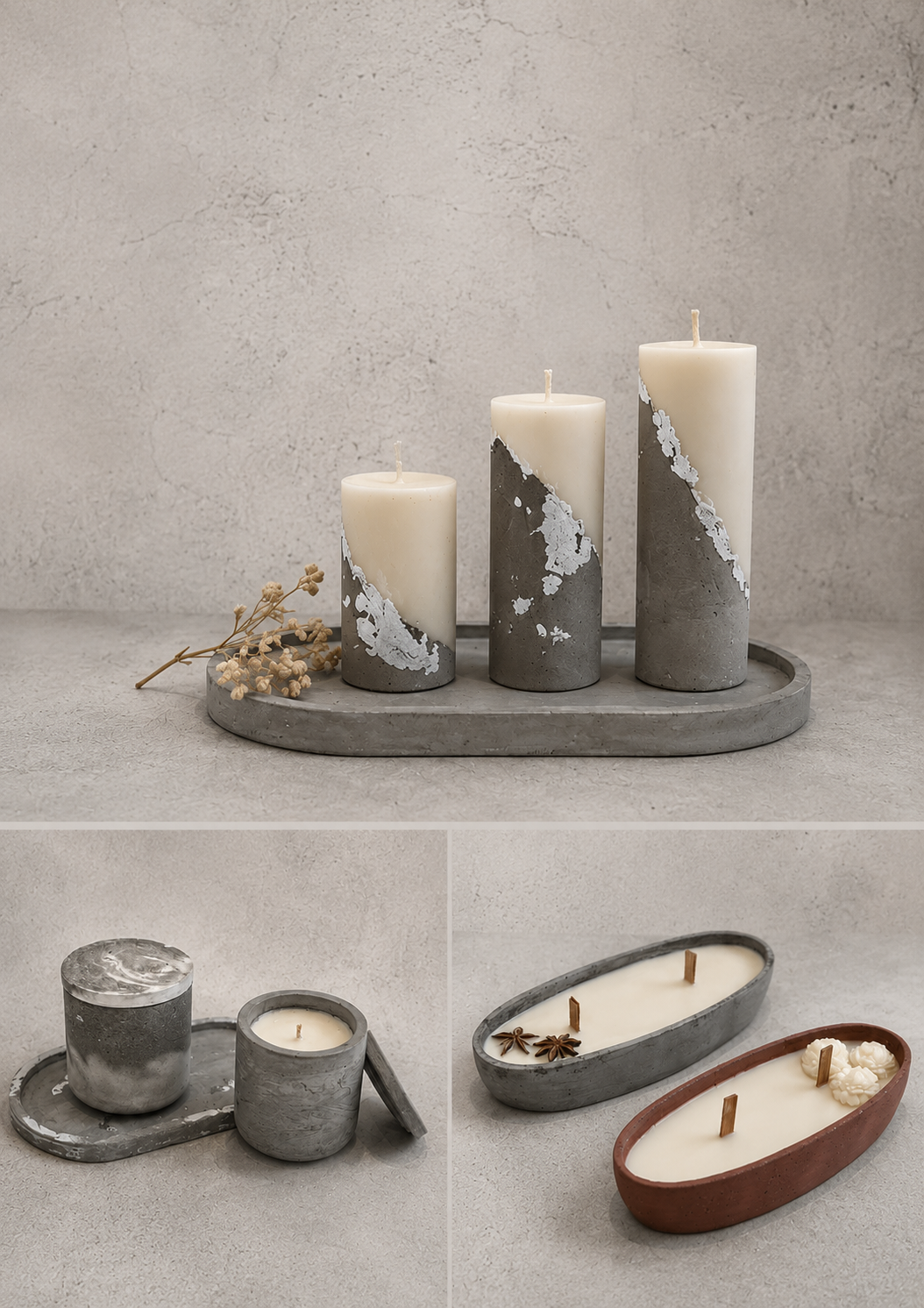 Concrete Collection — pillar candles, jars and trays
