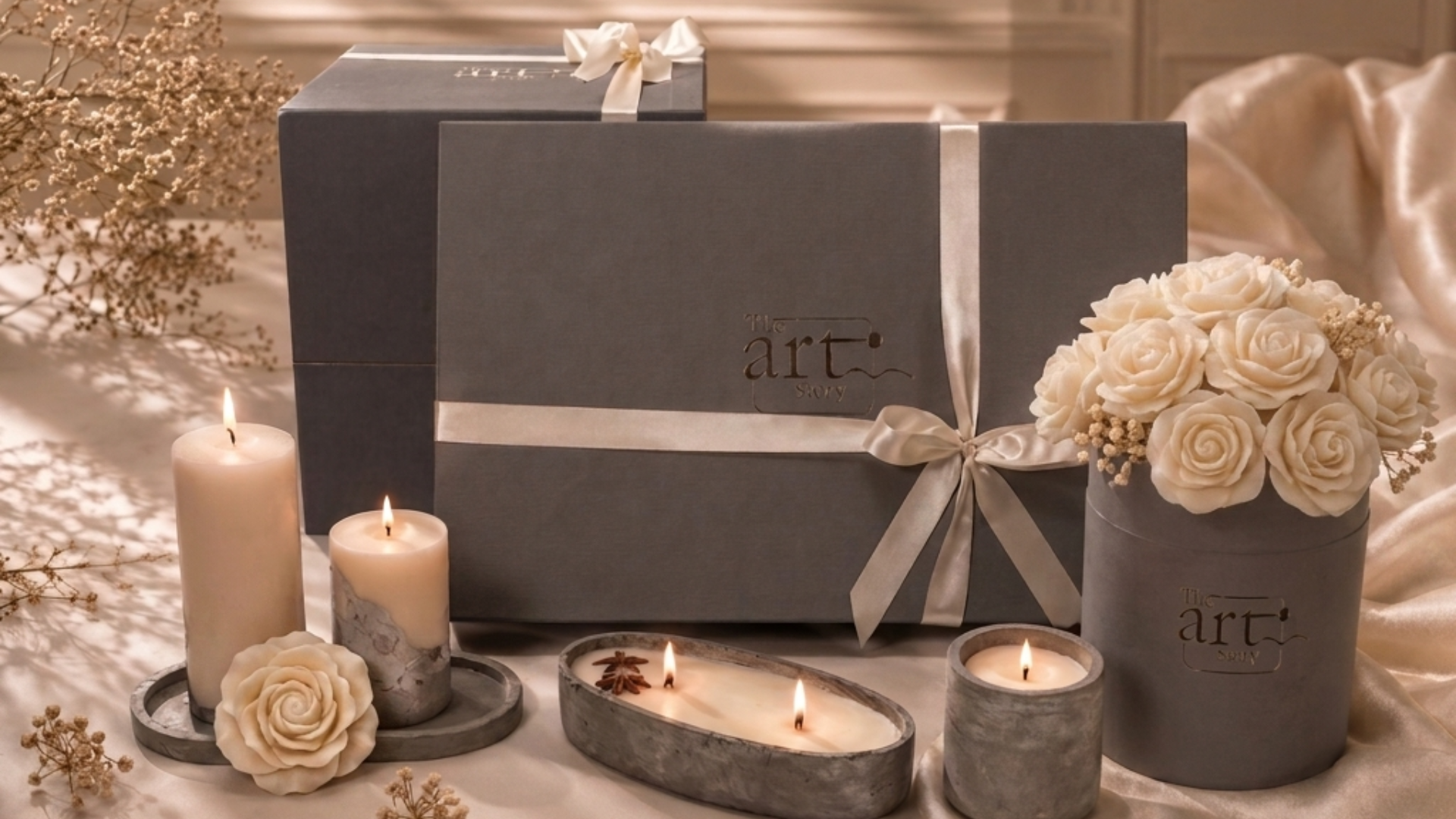 Packaging — signature box with ribbon on linen