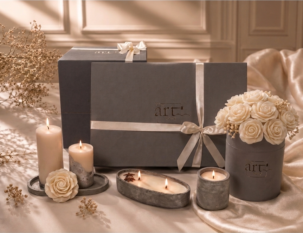 Packaging — signature box with ribbon on linen